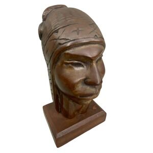VTG Bolivian Hand Carved Wood Bust Sculpture 1970 Folk Art Decor Warrior Inca
